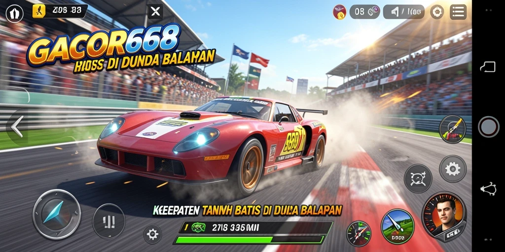Screenshot gameplay GACOR668 yang menunjukkan balapan seru di trek yang menantang.