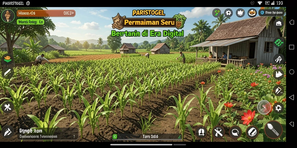 Tangkapan layar utama PARISTOGEL menunjukkan pemain mengelola ladang pertanian yang sedang berkembang.